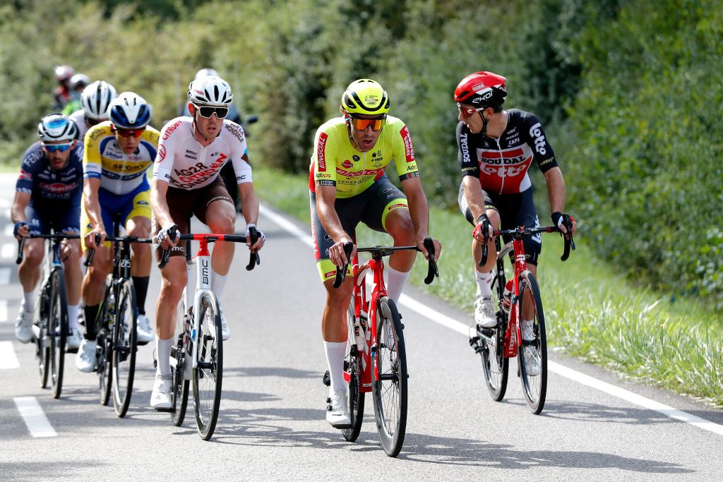 MAMER LUXEMBOURG SEPTEMBER 16 LR Ben Alexander Oconnor of Australia and AG2R Citren Team Ceriel Desal of Belgium and Team Bingoal WB and Jasper De Buyst of Belgium and Team Lotto Soudal compete in the Breakaway during the 81st SkodaTour De Luxembourg 2021 Stage 3 a 1893km stage from MondorfLesBains to Mamer 300m skodatour skodatour on September 16 2021 in Mamer Luxembourg Photo by Bas CzerwinskiGetty Images