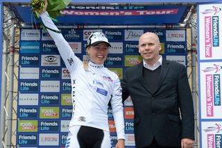 Hannah Barnes in the jersey of best young rider after stage one of the Women's Tour 2014