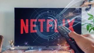 Netflix logo on a television screen with algorithm graphics from Gemini