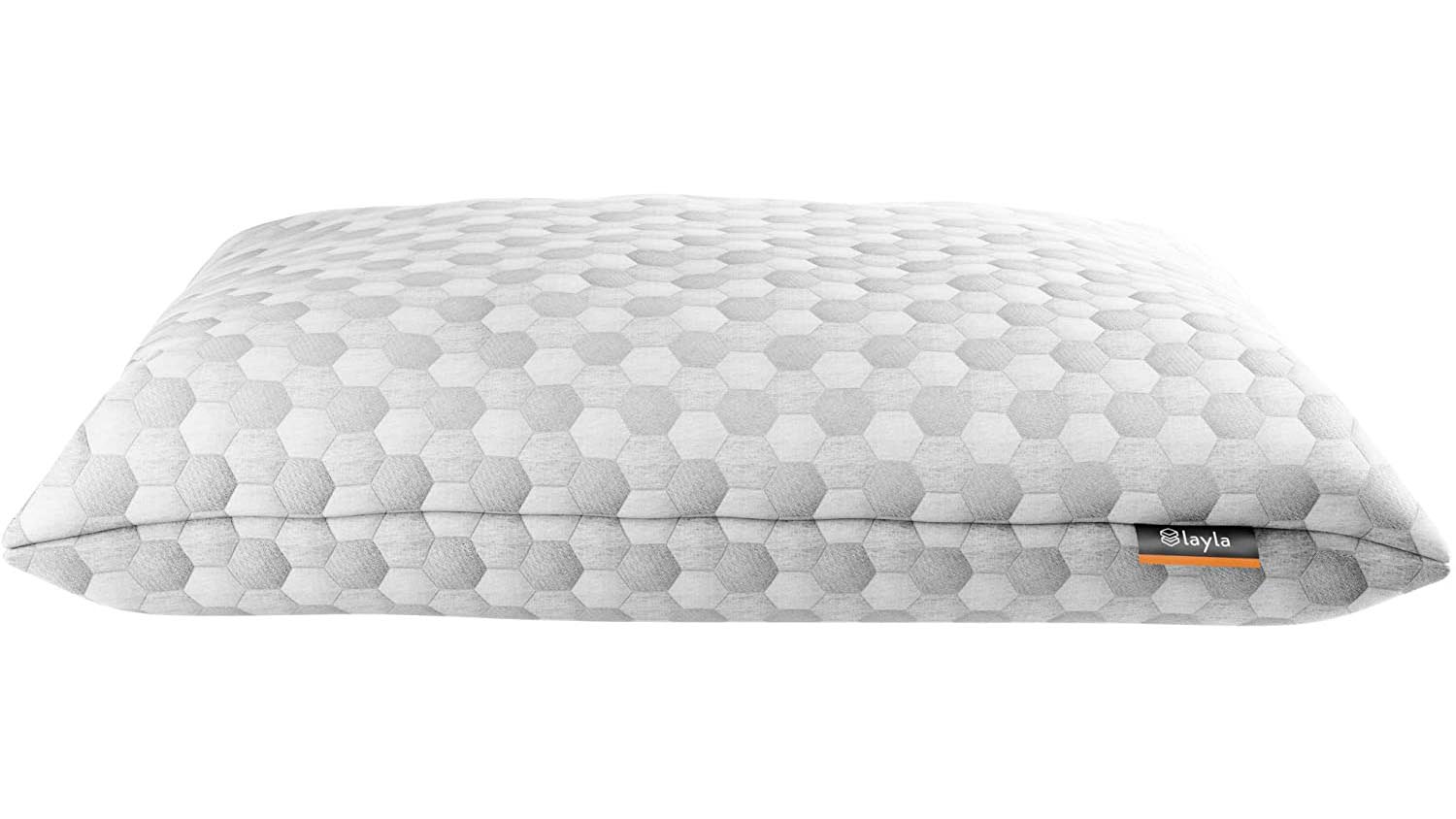 Layla Kapok Pillow review: a queen size pillow shown from the side with the Layla logo on view