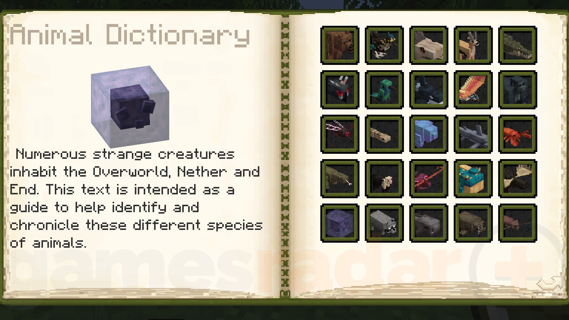 An in-game Minecraft book, open on an index of 25 new mobs, all added with the Alex's Mobs Minecraft mod.
