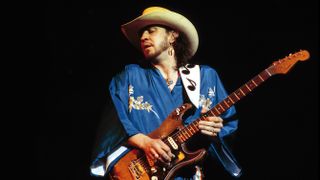 American musician, guitarist and singer Stevie Ray Vaughan (1954-1990) performs live on stage playing a Fender Stratocaster guitar (number one) during a concert performance in the United States in 1985