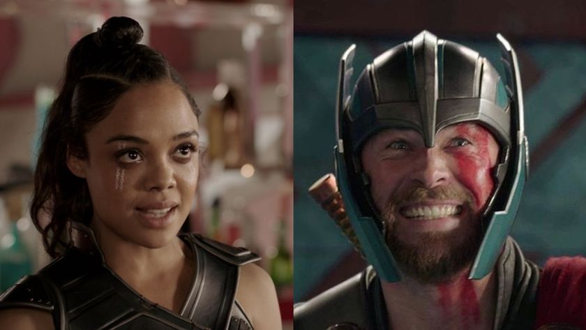 Tessa Thompson and Chris Hemsworth in separate shots of Thor: Ragnarok.