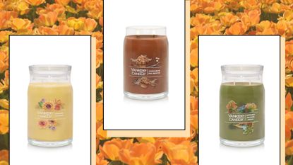 Yankee Candle fall scents - 3 candles on an orange floral background