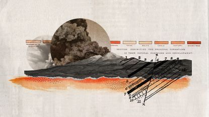 Photo collage of the Uturuncu volcano, volcanic ash clouds, and elements of a diagram of volcanic activity