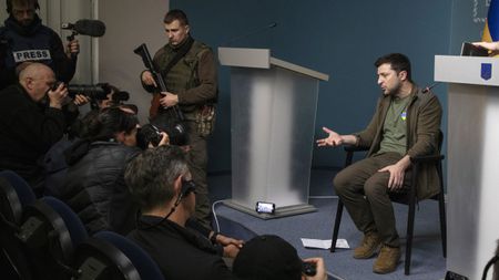 President Volodymyr Zelenskyy addresses the media in Kyiv