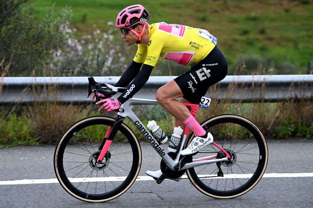TAVIRA PORTUGAL FEBRUARY 17 Magnus Cort Nielsen of Denmark and Team EF Education Easypost Yellow Leader Jersey competes during the 49th Volta ao Algarve em Bicicleta 2023 Stage 3 a 2031km stage from Faro to Tavira VAlgarve2023 on February 17 2023 in Taviria Portugal Photo by Tim de WaeleGetty Images