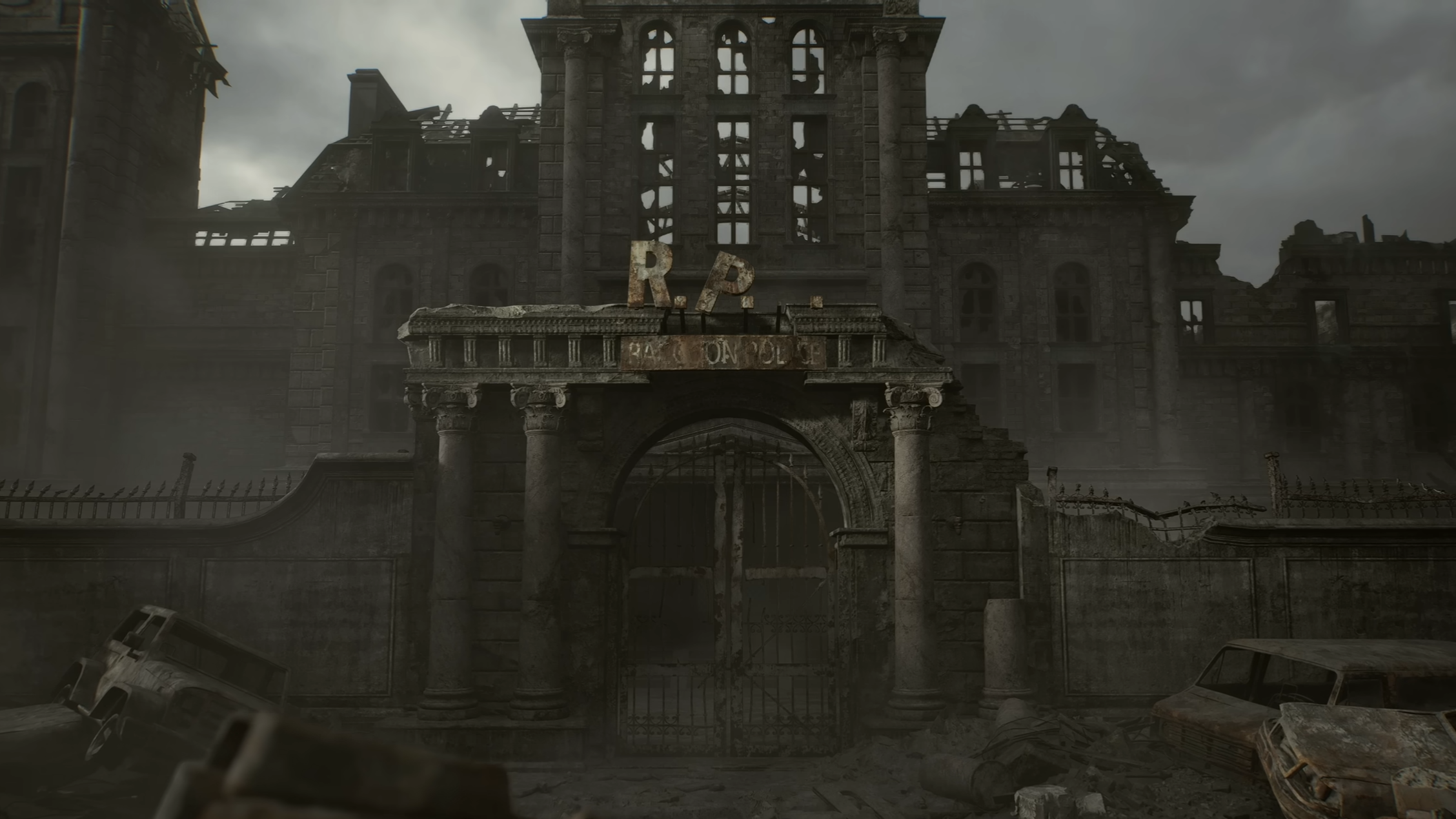 A worn down entrance to the Raccoon City Police Department in Resident Evil Requiem