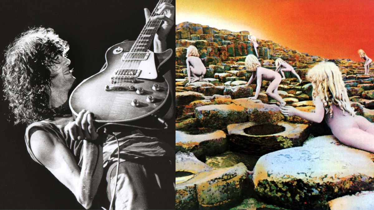 Led Zeppelin &#039;House of the Holy&#039; album artwork and Jimmy Page performing with a Gibson Les Paul Standard