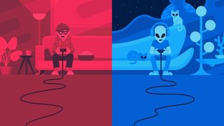 Steam Remote Play Together Fest 2024 header art - a human and an alien playing videogames together