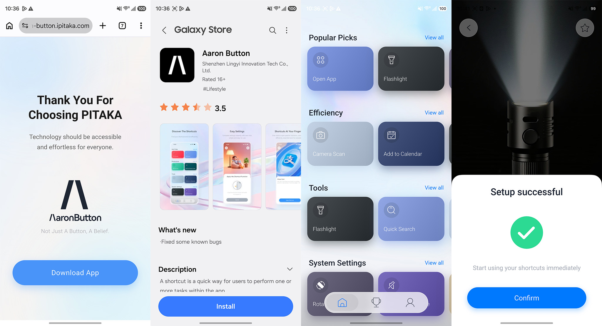 Downloading the Aaron Button app from the Galaxy Apps store, then assigning a Flashlight action to a case button
