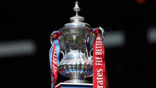 The FA Cup trophy, on a plinth