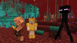 Minecraft Nether - the player in gold armor surrounded by piglins and an enderman in the Nether