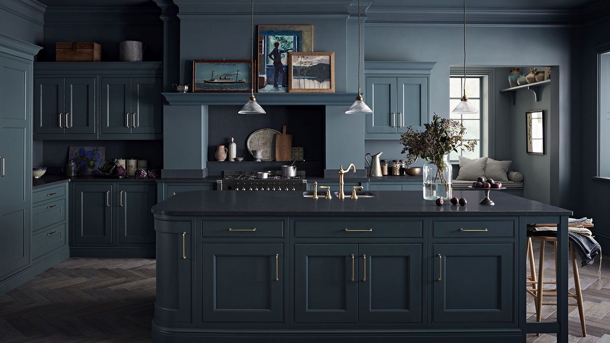 grey kitchen with large kitchen island