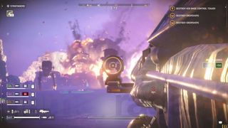 Helldivers 2 Rocket Scout Striders about to get shot by quasar cannon