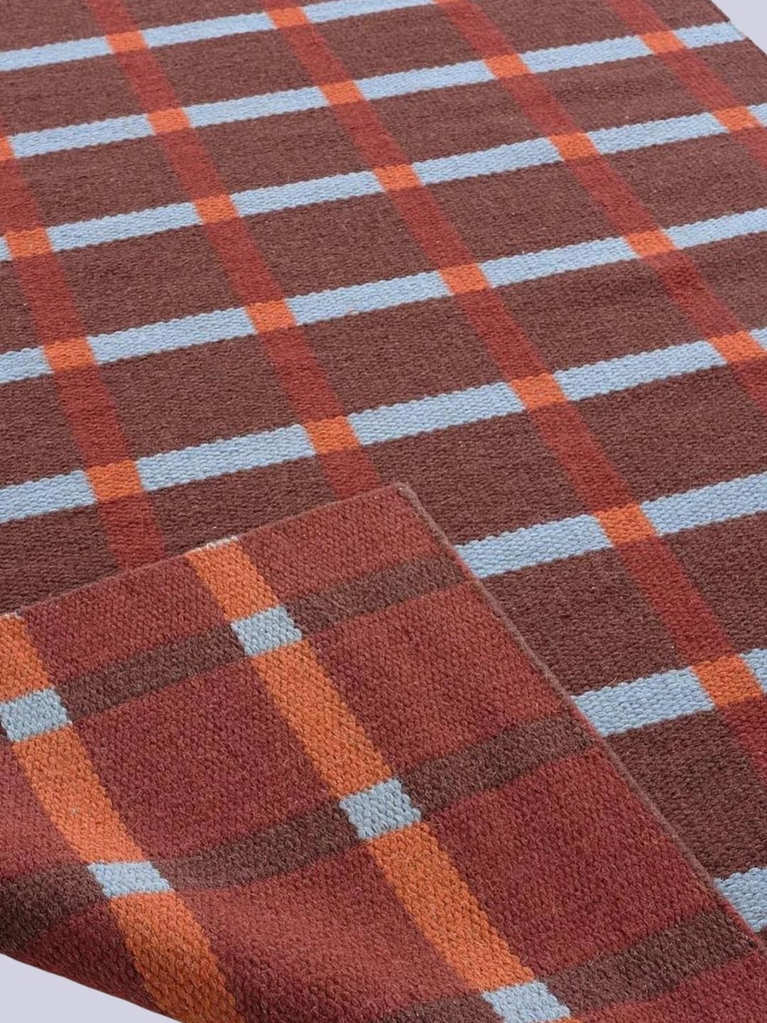 MayraHandicrafts, Reversible Handwoven Wool Plaid Rug, Terracotta Red Rust Nordic Kilim Dhurrie Flatweave Rug