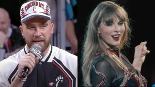 From left to right: Travis Kelce talking into a microphone that says "New Heights" and Taylor Swift smiling with sass during the Reputation set of the Eras Tour.