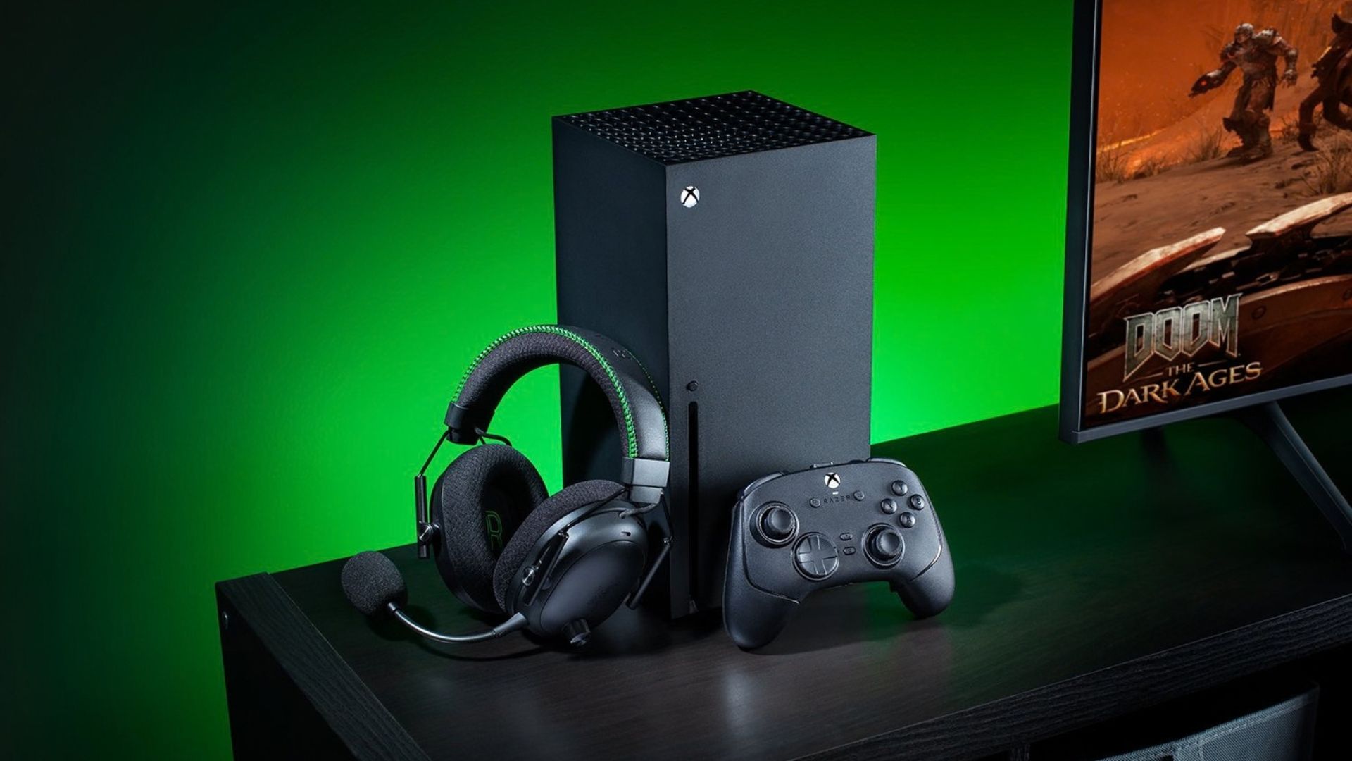 A razer wolverine v4 pro next to an Xbox Series X and Razer headset