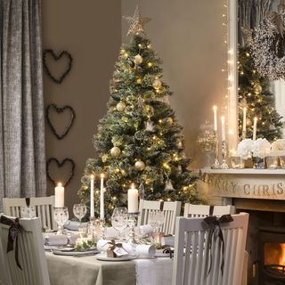 Dining room with fireplace, table and chairs and Christmas decorations