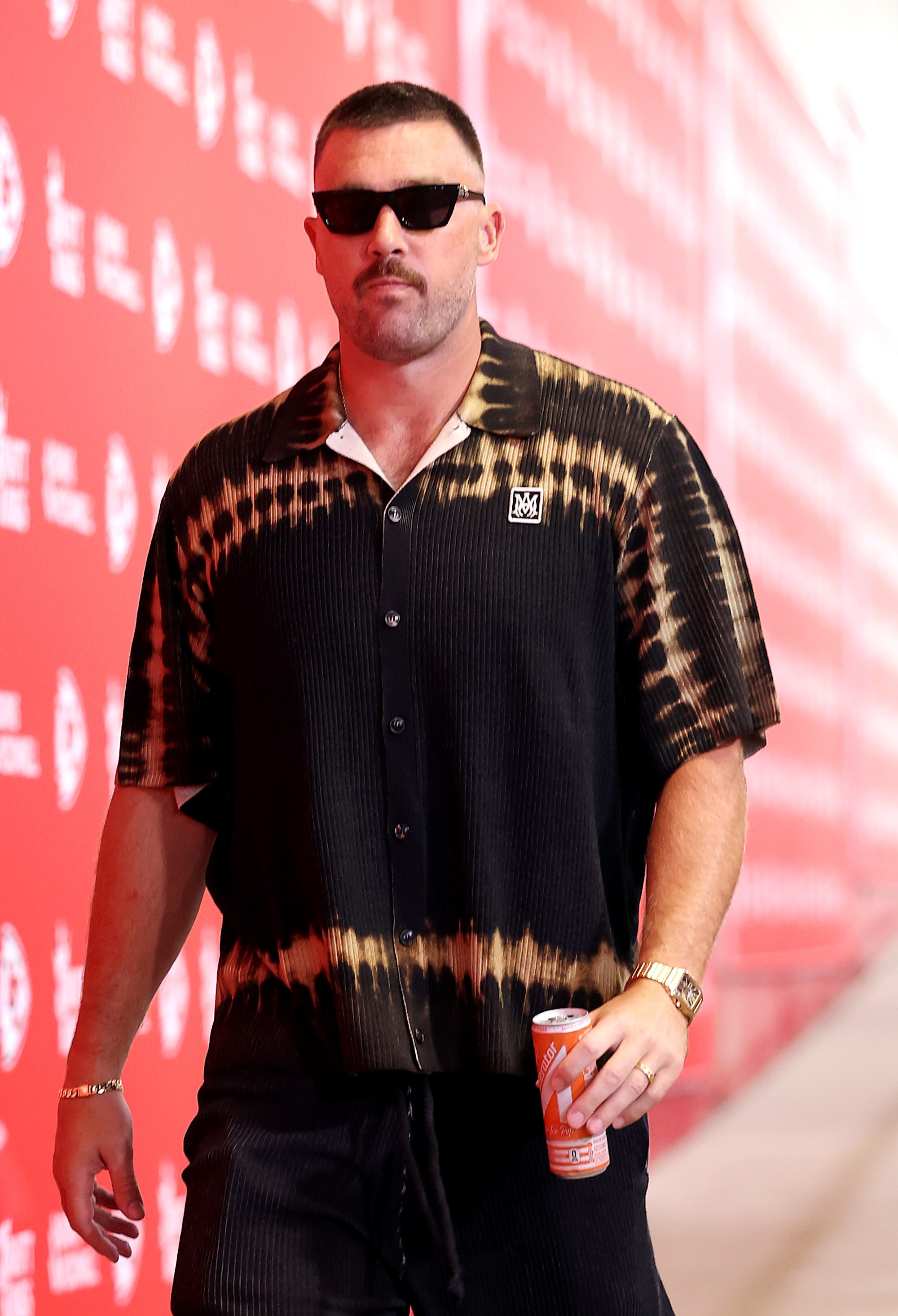 Tight end Travis Kelce #87 of the Kansas City Chiefs enters the stadium prior to the preseason game against the Los Angeles Rams at Arrowhead Stadium on August 15, 2026 in Kansas City, Missouri.