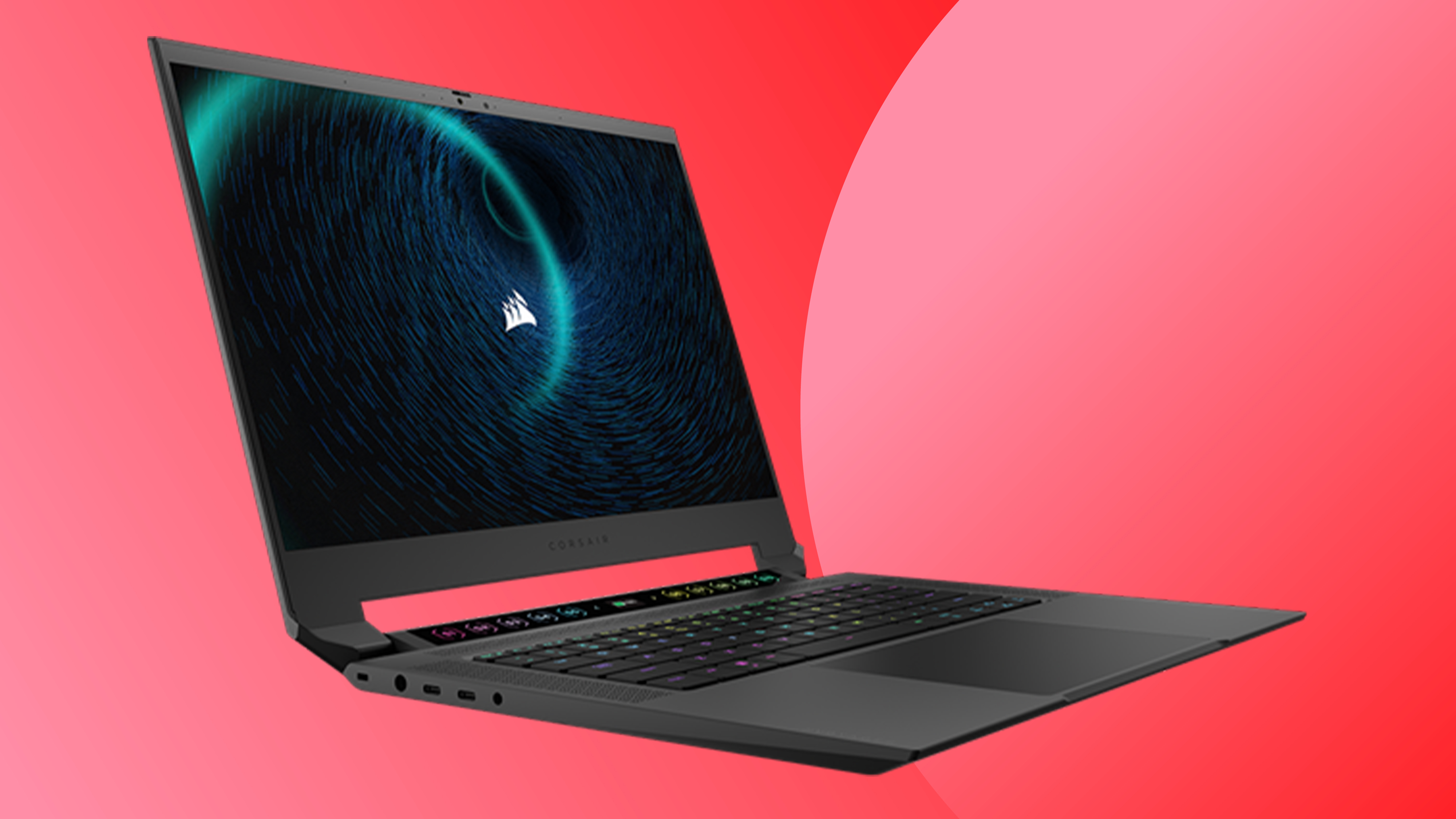 A Corsair Cyber Monday deals image with a Corsair Voyager a1600 gaming laptop on a red background