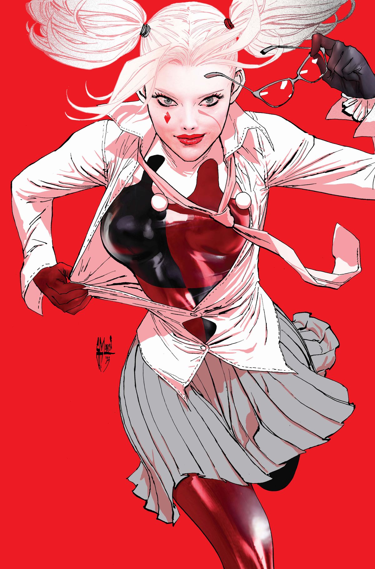 Harley Quinn runs towards us, tearing open a shirt to reveal her usual costume beneath it, in a Superman-style.
