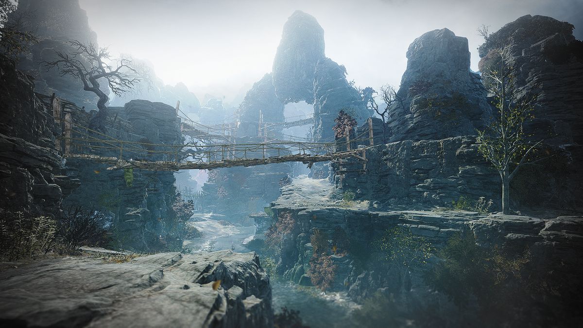 beautiful panorama of mountainous Chinese countryside with bridge over canyon