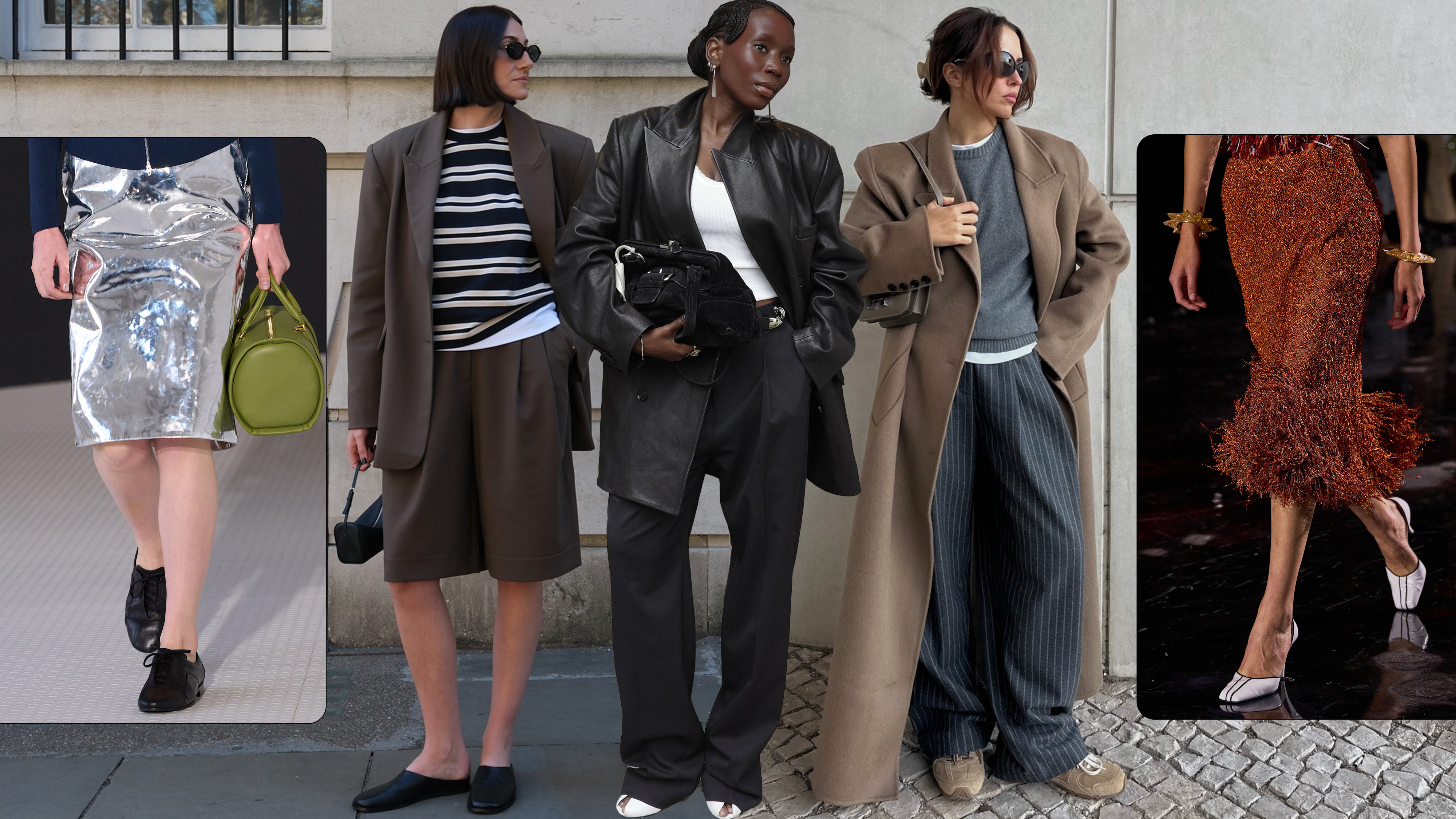 Shoe trends to wear with leggings, jeans, and skirts in 2026, shown in a collage of street style and runway images 