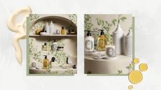 Two lifestyle product shots of the new Diptyque Les Rituels de Soin collection, pictured on a decorative sink background, covered in painted leaves and in a grey and white template with stock images of body lotion and oil swatches. 