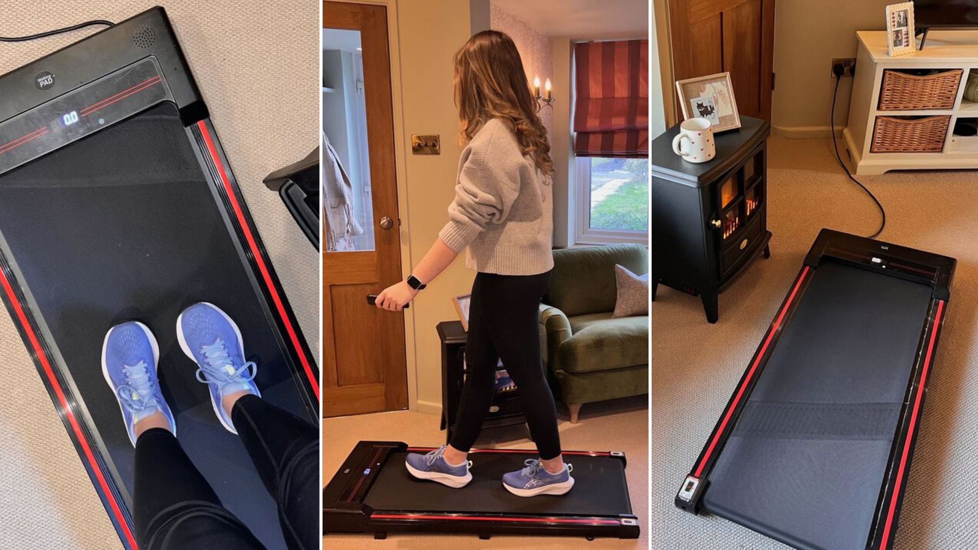Three similar images of Layla Al-Ani using her walking pad in her home.