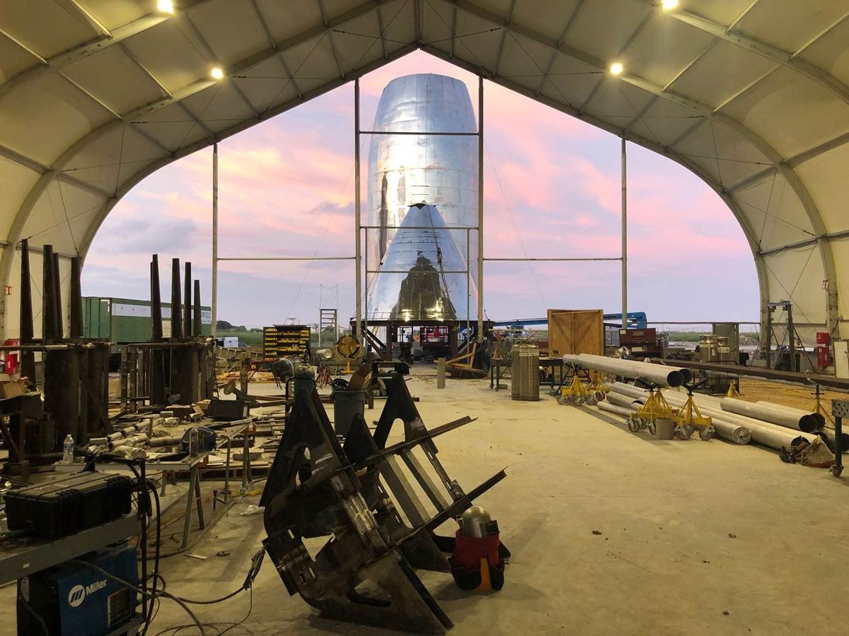 SpaceX CEO and founder Elon Musk posted this photo of the company&#039;s next Starship prototype — presumably the Starship Mk1, which is being built in Texas — on Twitter on Sept. 17, 2019.