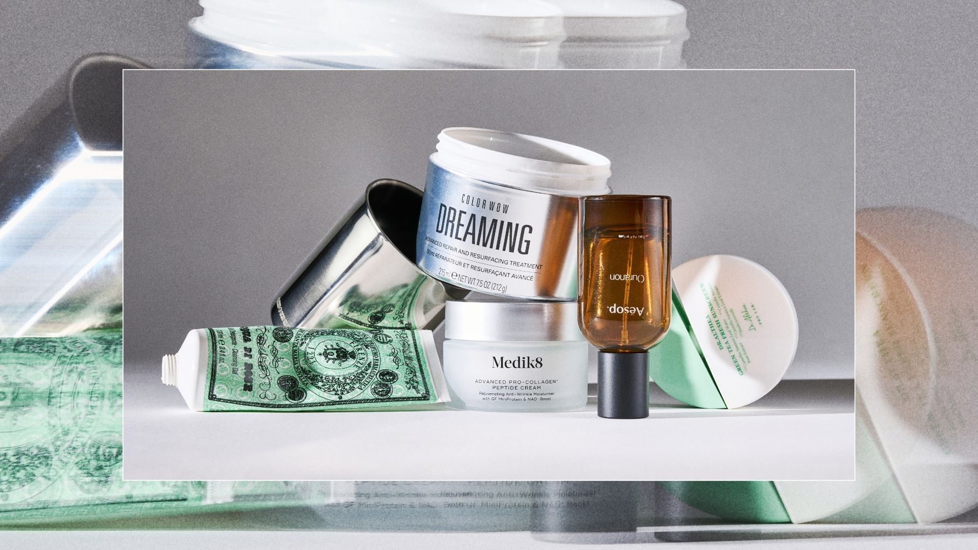 Shannon Lawlor's beauty empties including Color Wow Dreaming treatment, Ffern Winter 26 candle, Santa Maria Novella cleanser, medik8 moisturiser, Dr Althea SPF and Aesop Ouranon