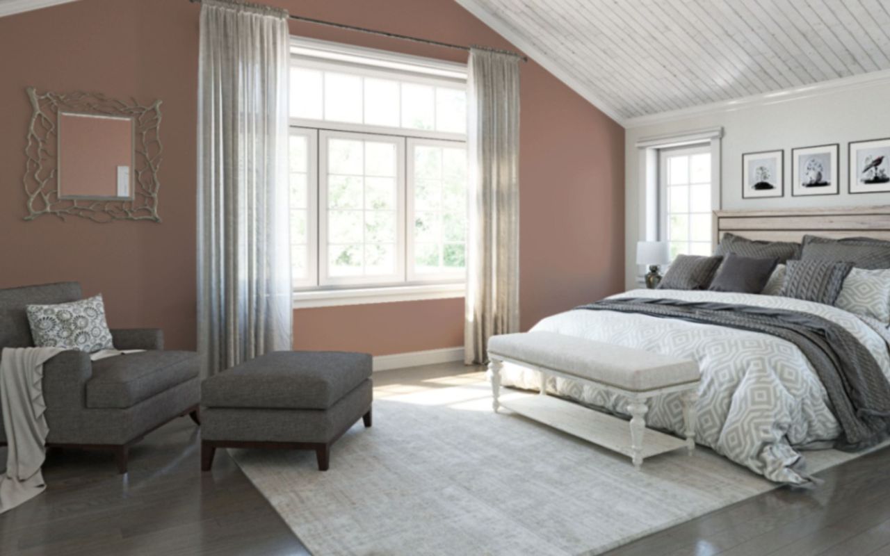 bedroom with feature wall in dusky pink