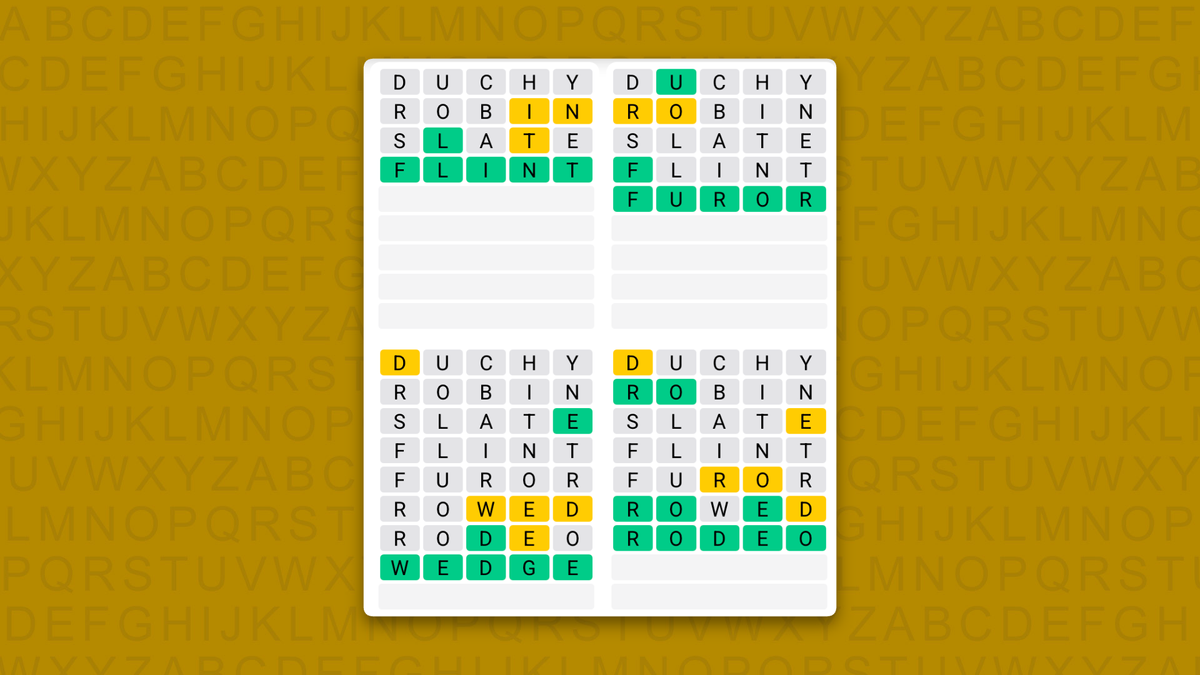 Quordle answers for game 1728 on a yellow background