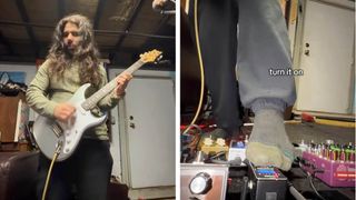 In these stills from his Instagram reel, Anthony Ferraro demos a modded tuner pedal that allows blind guitarists like himself to tune their guitars without help.