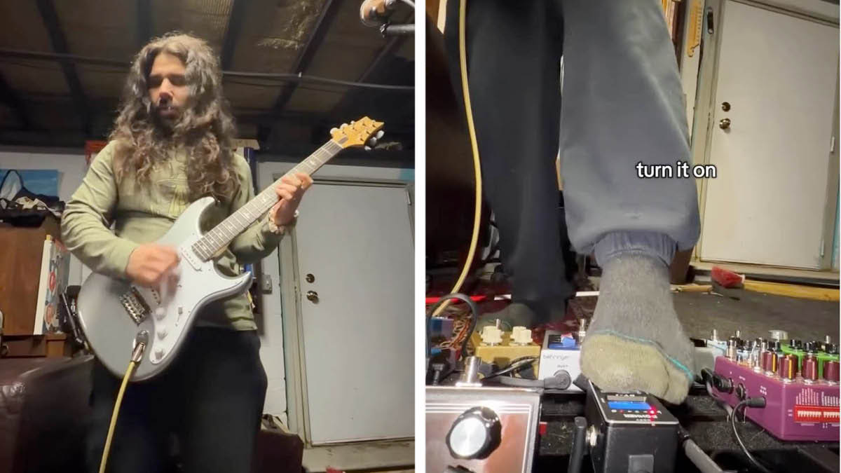 In these stills from his Instagram reel, Anthony Ferraro demos a modded tuner pedal that allows blind guitarists like himself to tune their guitars without help.