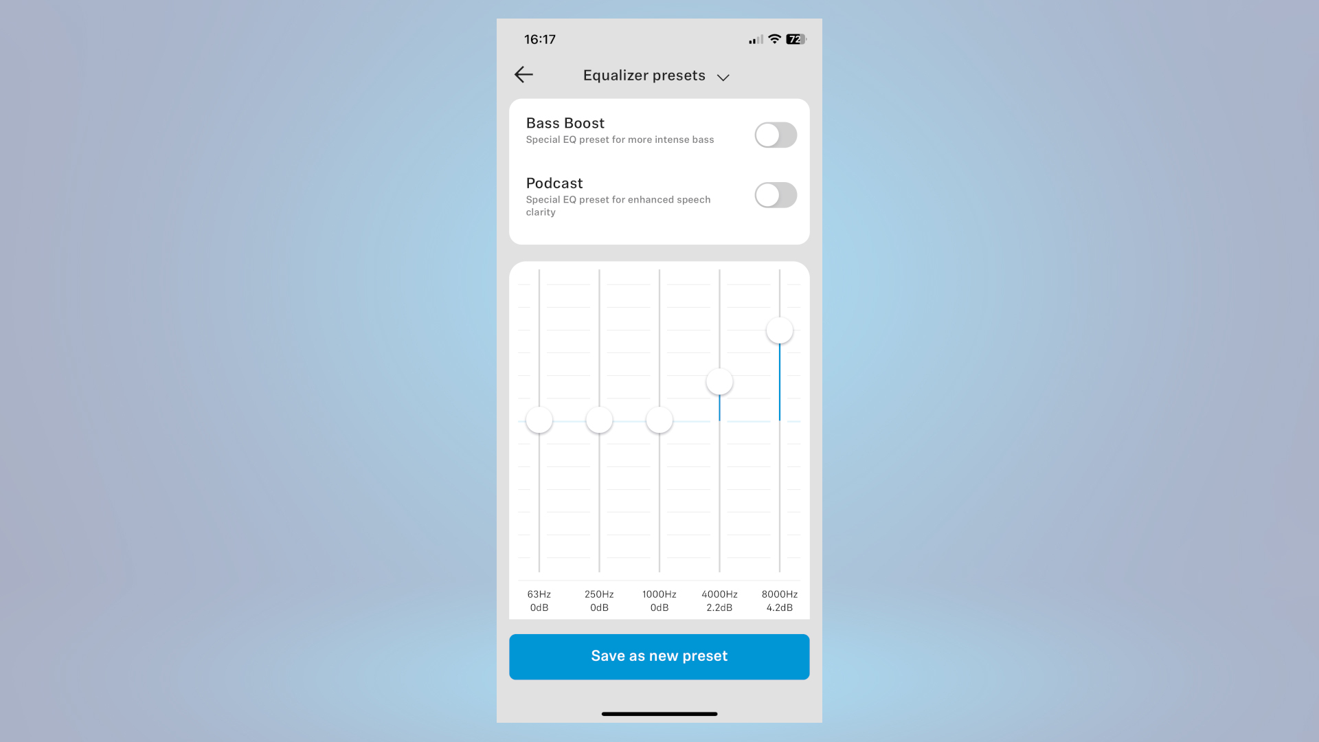 Showing EQ settings for Accentum headphones on Sennheiser smart control app