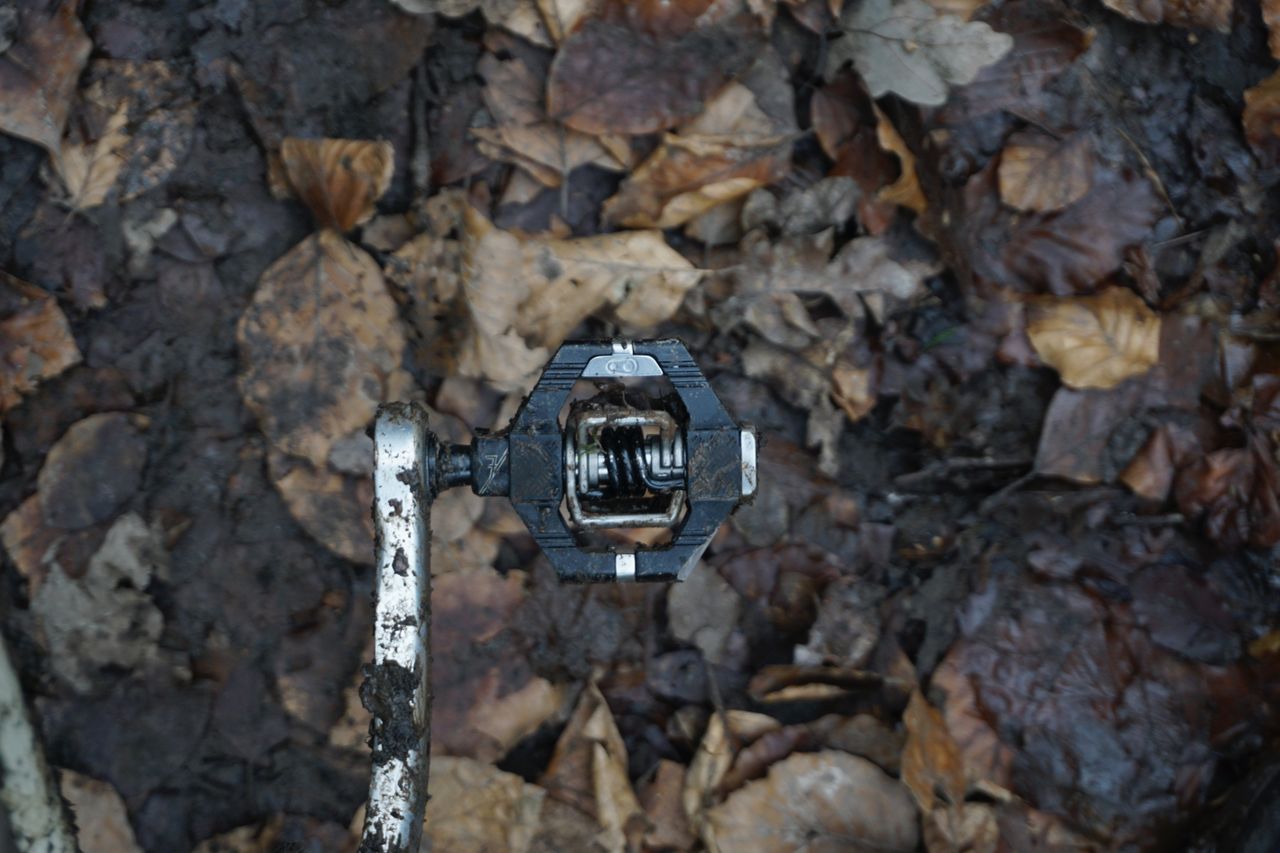 A muddy black gravel bike pedal photographed over leaf mulch