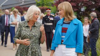Queen Camilla talks with BBC presenter Fiona Bruce during her visit to the Antiques Roadshow at The Eden Project on September 06, 2022