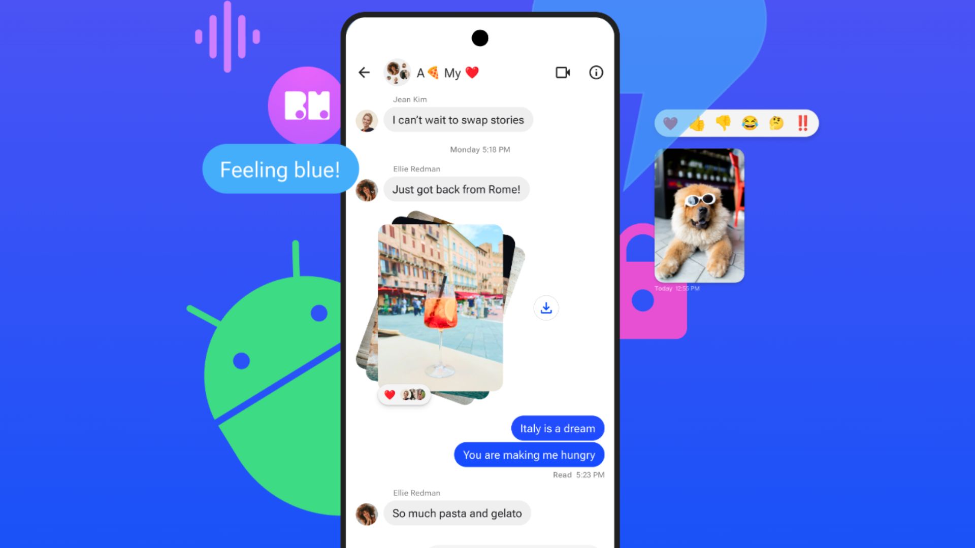 Beeper Mini app on your phone that displays messages and images from iMessage.  A small android robot hides behind a phone with a talking chat bubble 