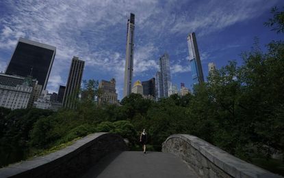 A woman walks across a bridge in New York's Central Park.
