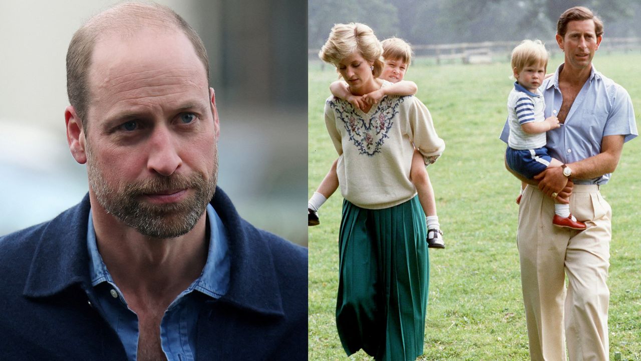 Prince William looking serious in a blue jacket and shirt next to a 1980s photo of Princess Diana wearing a long green skirt and white sweater giving Prince William a piggyback in grass next to Prince Charles, who is holding a toddler Prince Harry