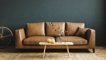 best vegan leather couches: a tan leather couch in a room with a table in front