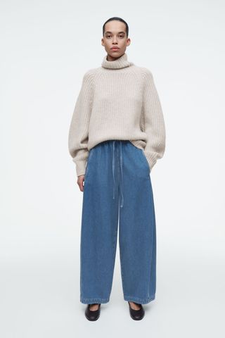 Barrel-Leg Denim Drawstring Trousers