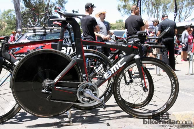 Tejay Van Garderen's BMC TimeMachine TM01 time trial machine lies in wait before the start of the stage&hellip;