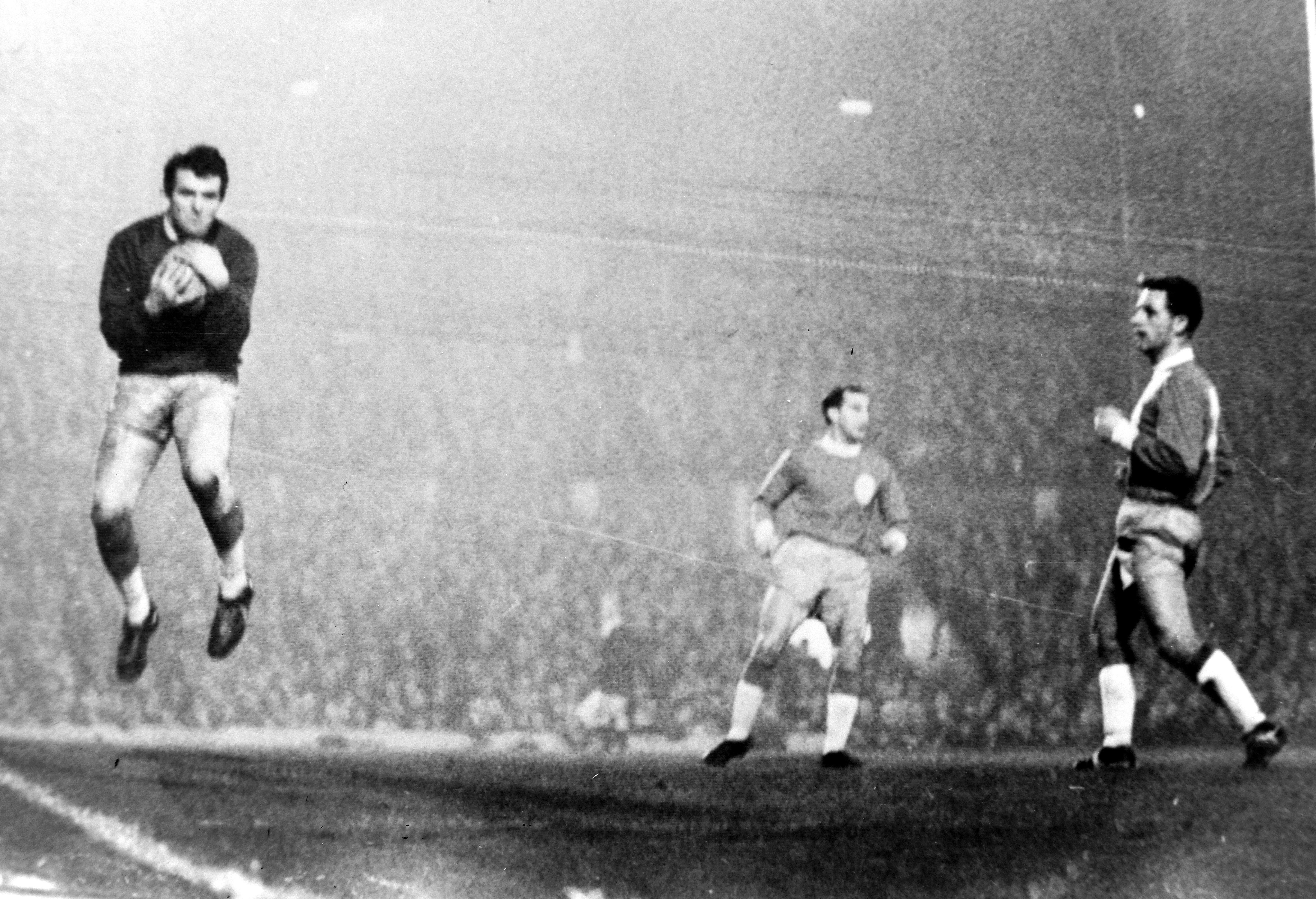 Liverpool goalkeeper Tommy Lawrence gathers the ball against Anderlecht at Anfield in the first round of the 1964/65 European Cup