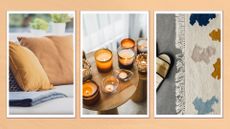 cushions on sofa, table of lit candles and colourful rug on floor