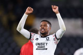 Chuba Akpom of Middlesbrough celebrates after victory in the Sky Bet Championship match between Hull City and Middlesbrough at MKM Stadium on November 01, 2022 in Hull, England.