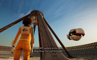 A young girl looking up at a high tech structure, in Deliver Us Mars.
