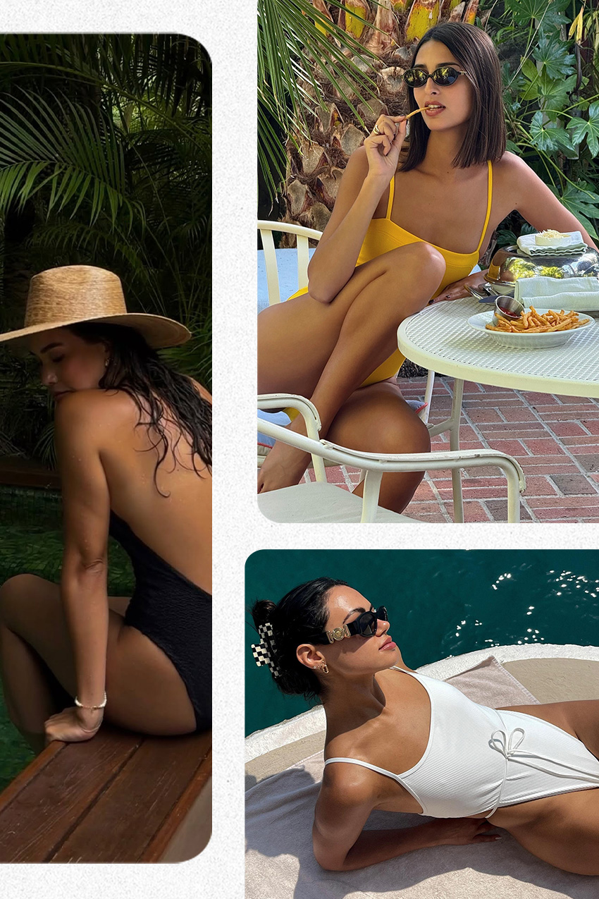 A collage of a woman wearing a low-back black swimsuit with a raffia hat, a woman wearing a yellow one-piece swimsuit with black sunglasses, and a woman in a white one-piece swimsuit.